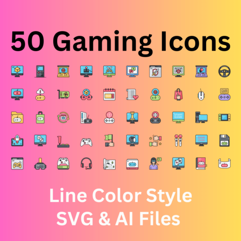 Gaming Icon Set 50 Line Color Icons - SVG And AI Files cover image.