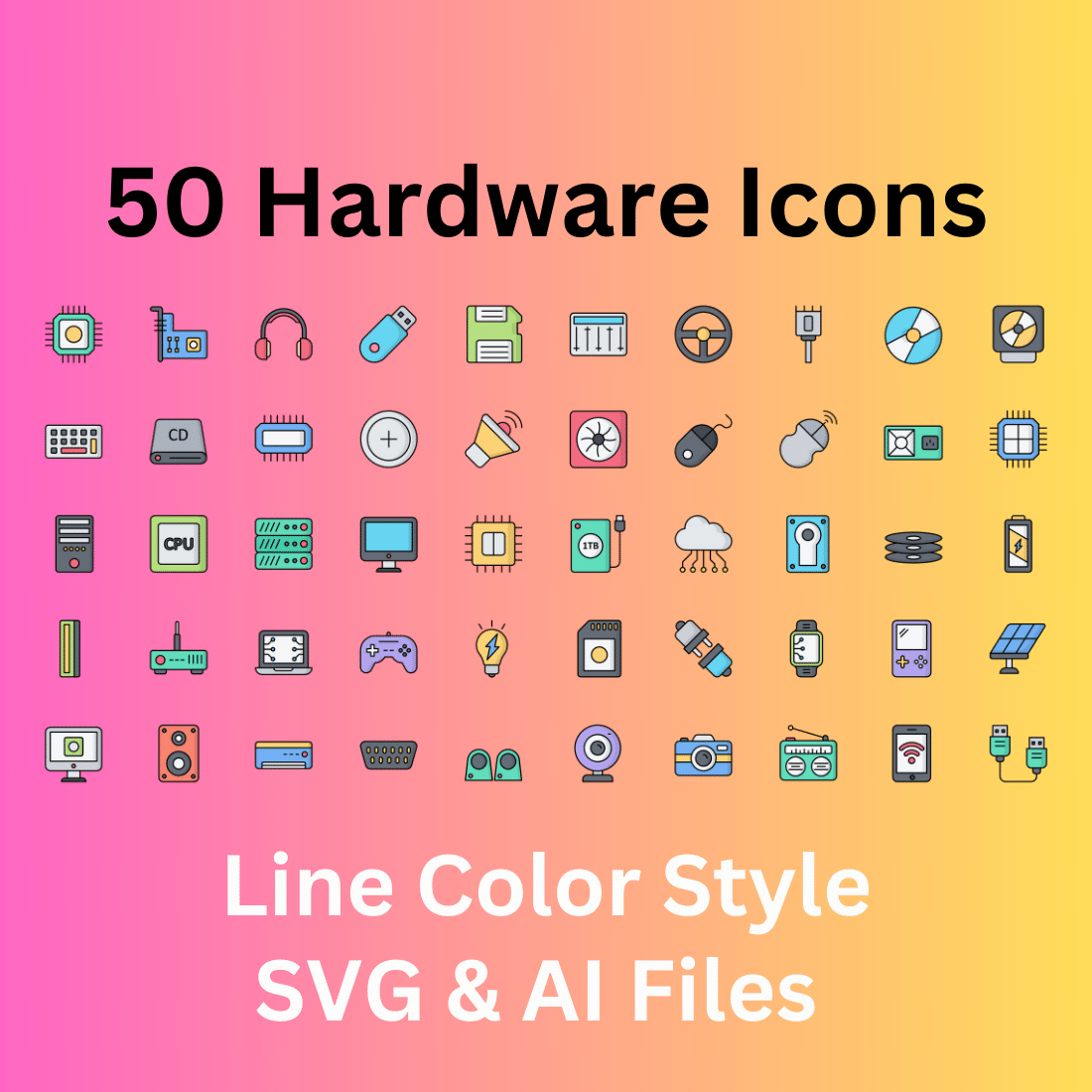 Hardware Set 50 Line Color Icons - SVG And AI Files cover image.