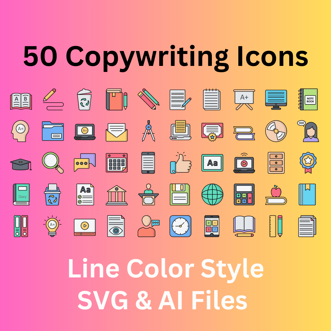 Copywriting Icon Set 50 Line Color Icons - SVG And AI Files cover image.