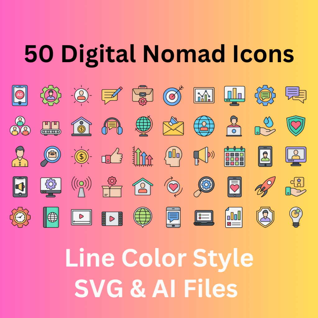 Digital Nomad Icon Set 50 Line Color Icons - SVG And AI Files ...