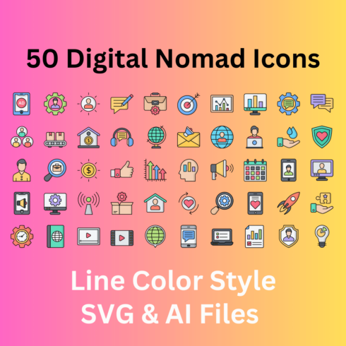 Digital Nomad Icon Set 50 Line Color Icons - SVG And AI Files cover image.