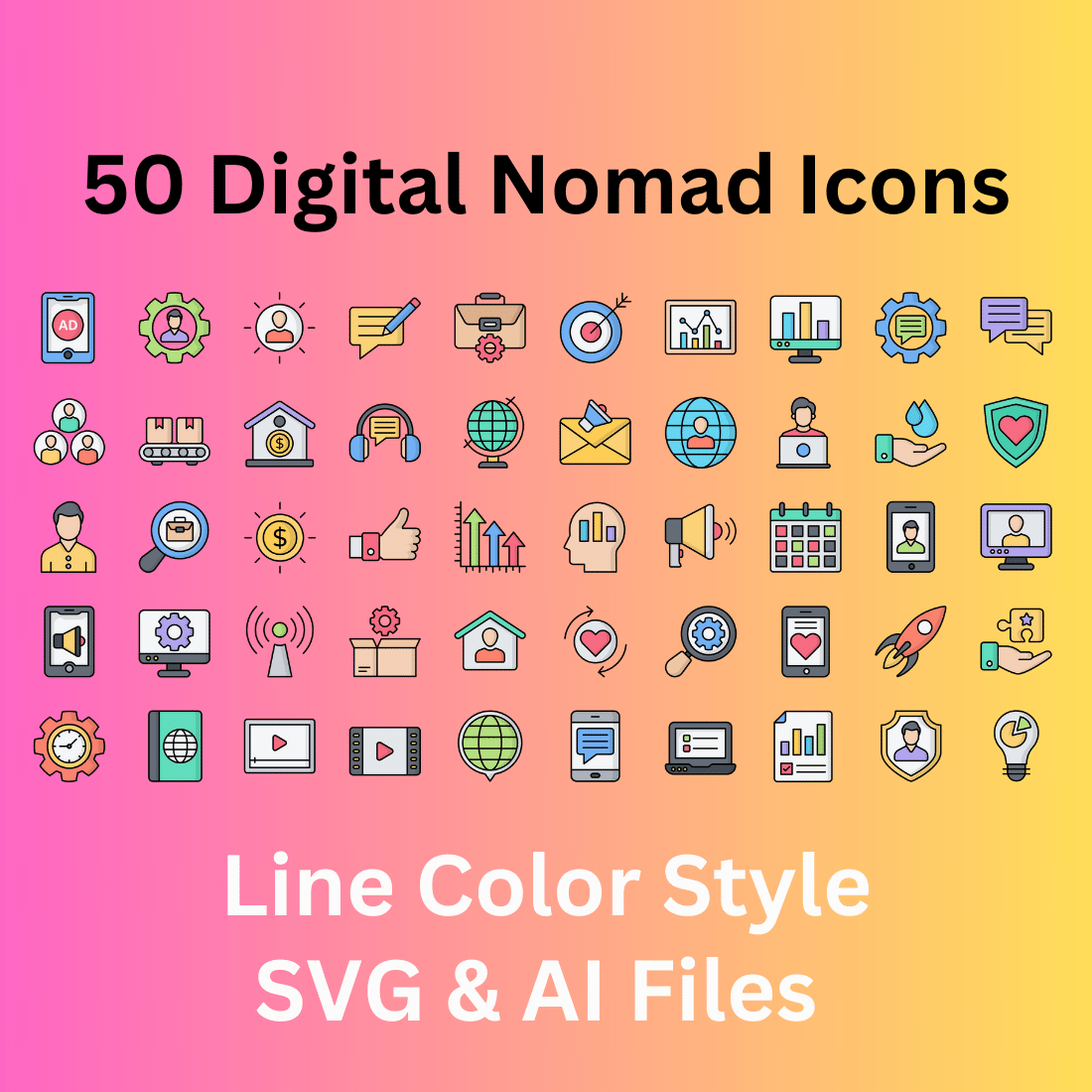 Digital Nomad Icon Set 50 Line Color Icons - SVG And AI Files cover image.