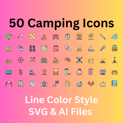 Camping Icon Set 50 Line Color Icons - SVG And AI Files cover image.