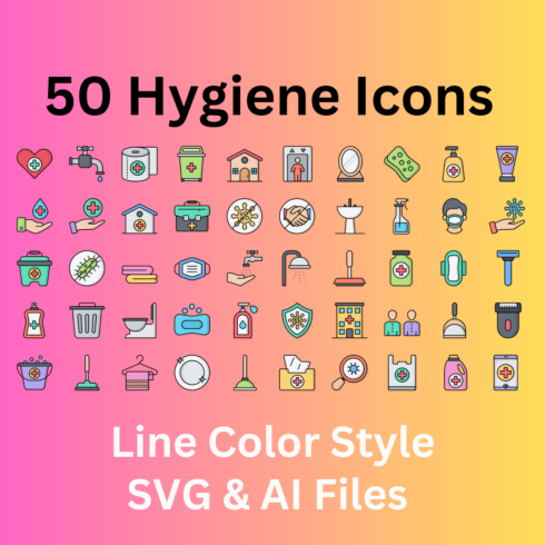 Hygiene Icon Set 50 Line Color Icons - SVG And AI Files cover image.