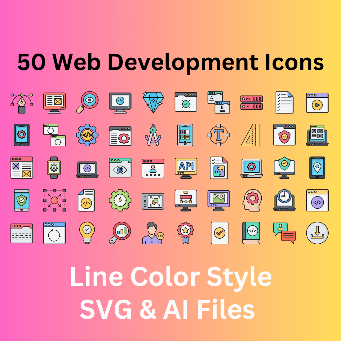 Web Development Icon Set 50 Line Color Icons - SVG And AI Files cover image.