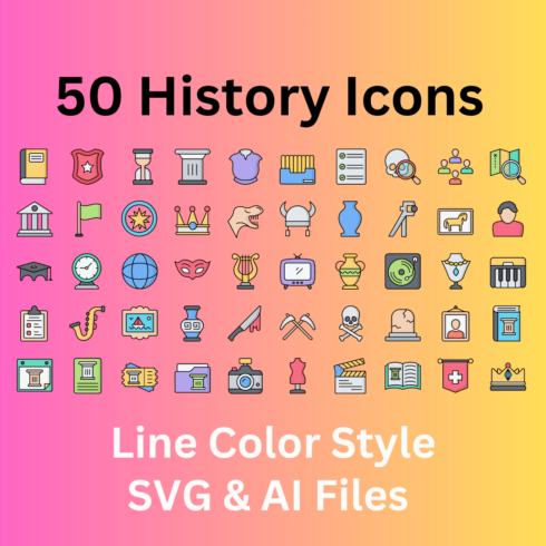 History Icon Set 50 Line Color Icons - SVG And AI Files cover image.
