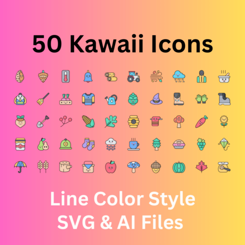 Kawaii Icon Set 50 Line Color Icons - SVG And AI Files cover image.