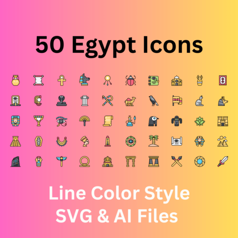 Egypt Icon Set 50 Line Color Icons - SVG And AI Files cover image.