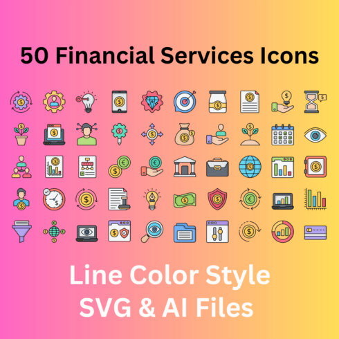 Financial Services Icon Set 50 Line Color Icons - SVG And AI Files cover image.