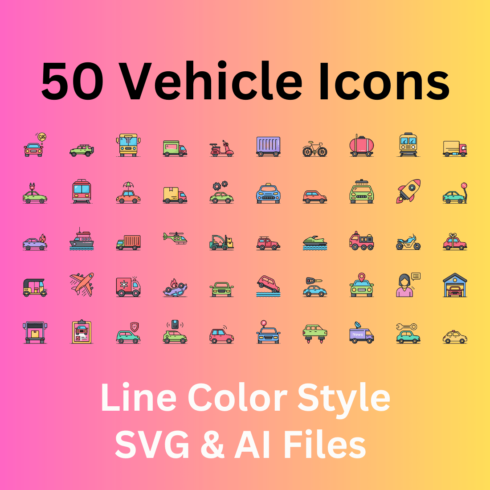 Vehicle Icon Set 50 Line Color Icons - SVG And AI Files cover image.