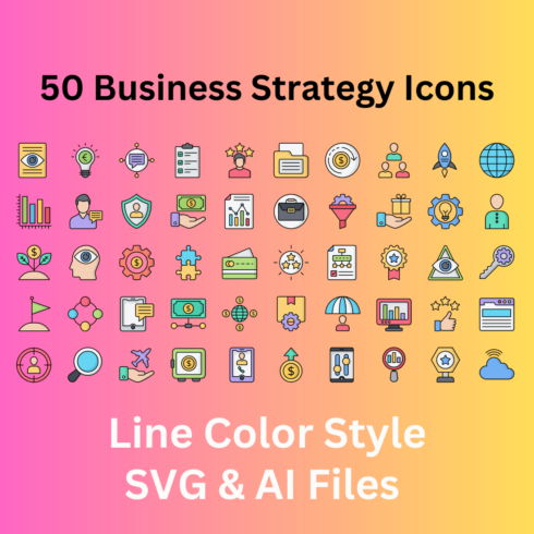 Business Strategy Icon Set 50 Line Color Icons - SVG And AI Files cover image.