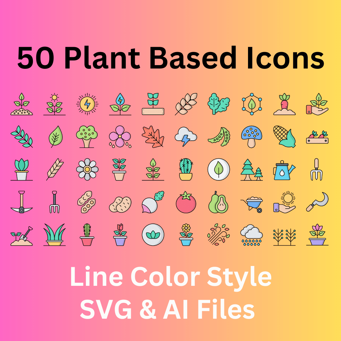 Plant Based Icon Set 50 Line Color Icons - SVG And AI Files cover image.