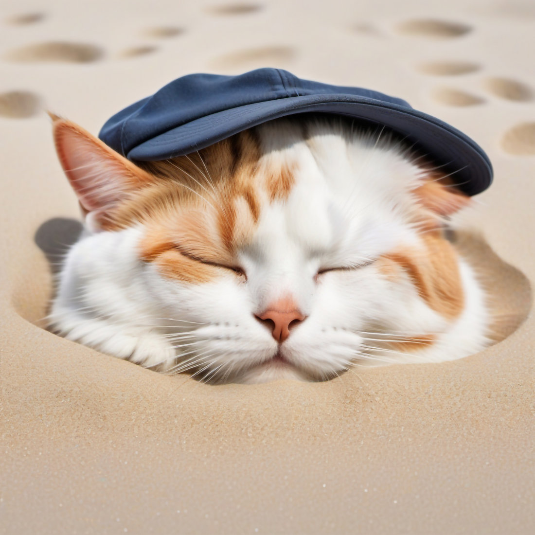 53cat sleep on the sandy beach wearing cap 633