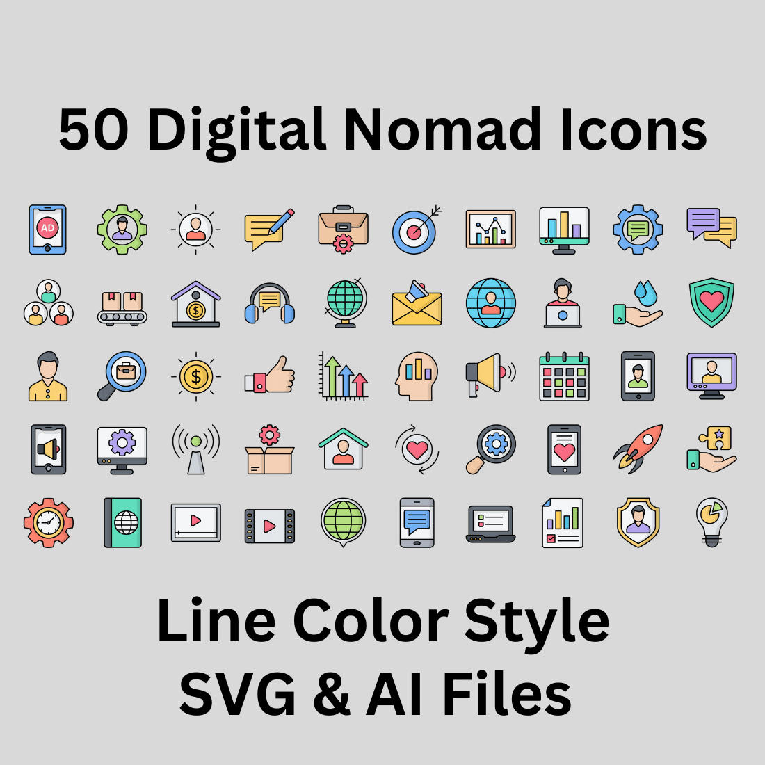 Digital Nomad Icon Set 50 Line Color Icons - SVG And AI Files preview image.