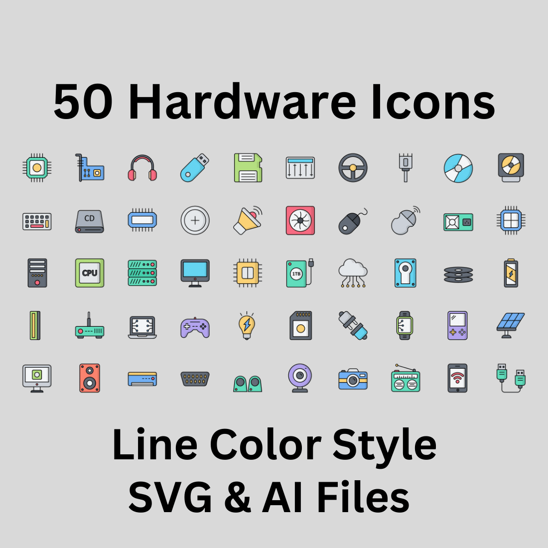 Hardware Set 50 Line Color Icons - SVG And AI Files preview image.