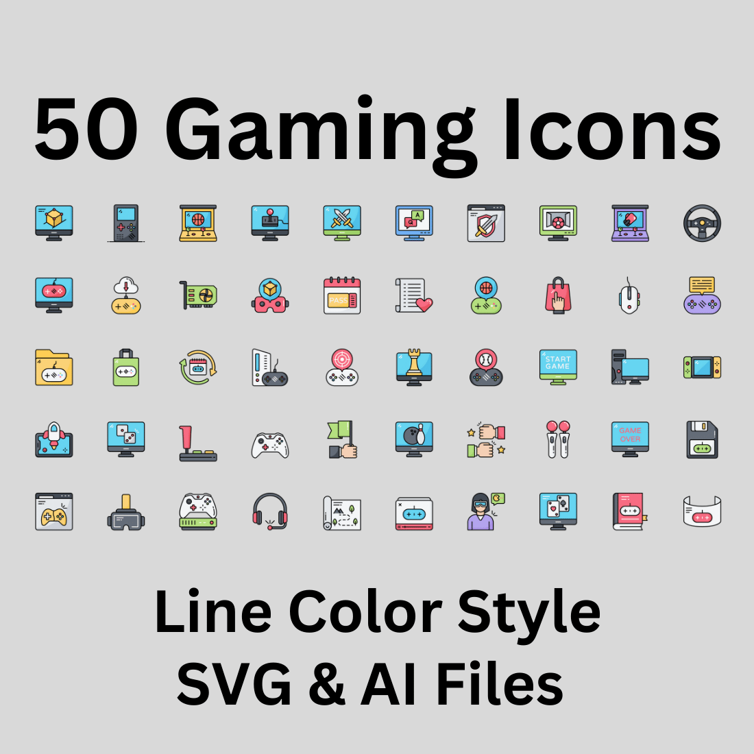 Gaming Icon Set 50 Line Color Icons - SVG And AI Files preview image.