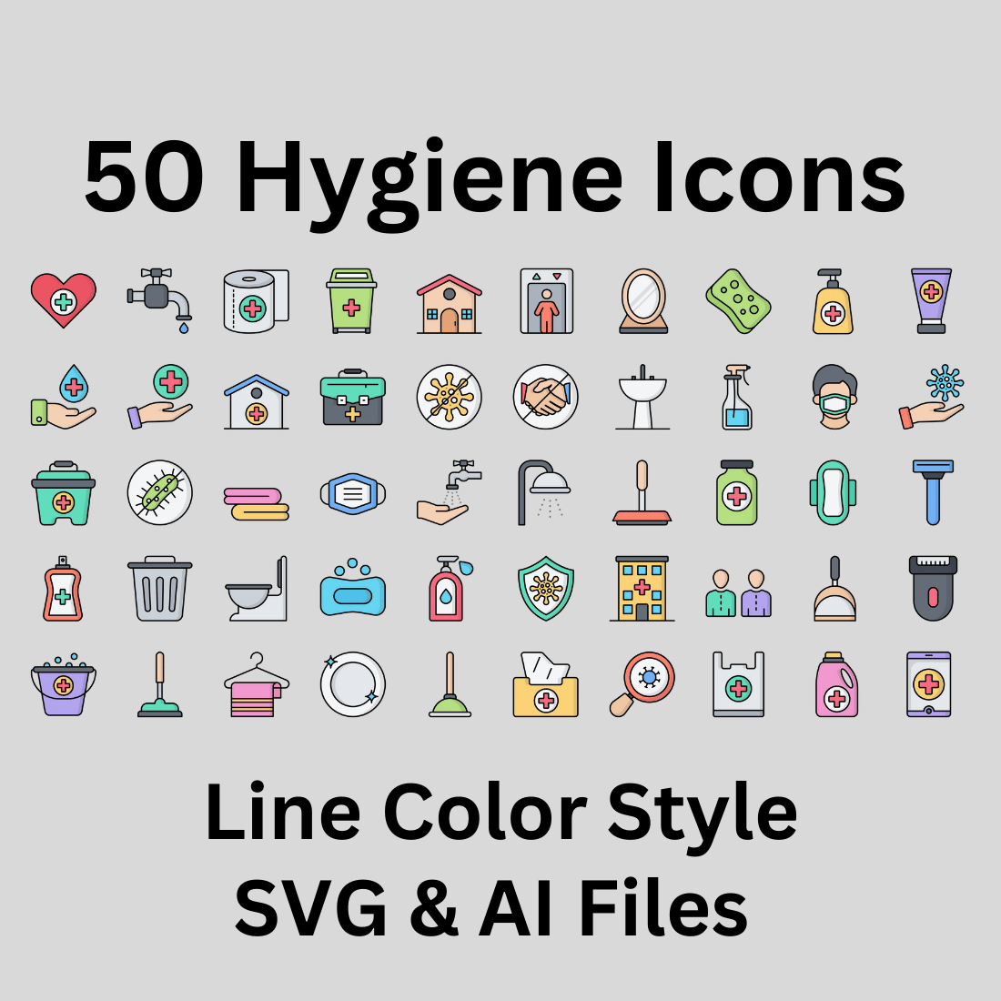 Hygiene Icon Set 50 Line Color Icons - SVG And AI Files preview image.