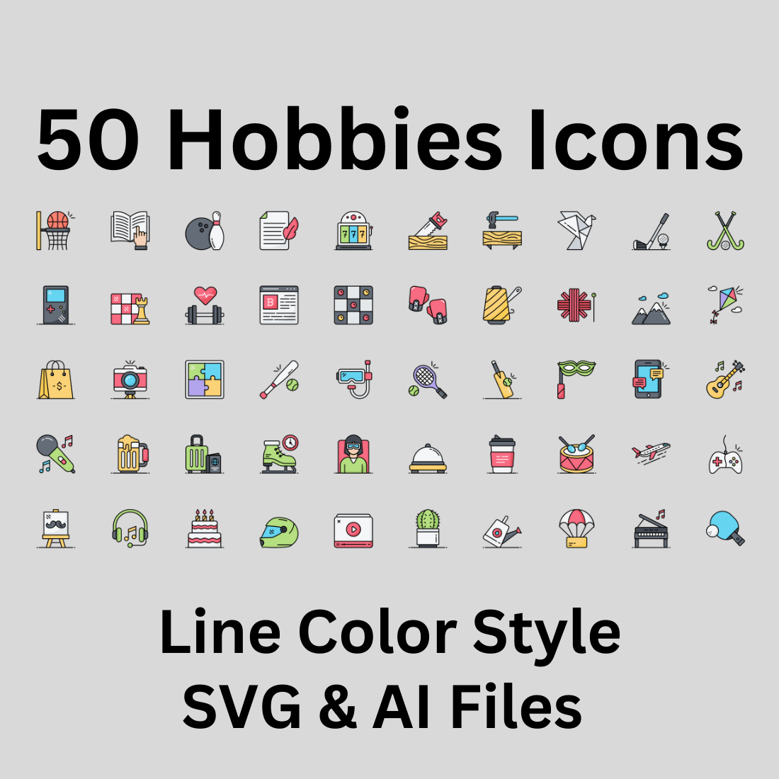 Hobbies Icon Set 50 Line Color Icons - SVG And AI Files preview image.