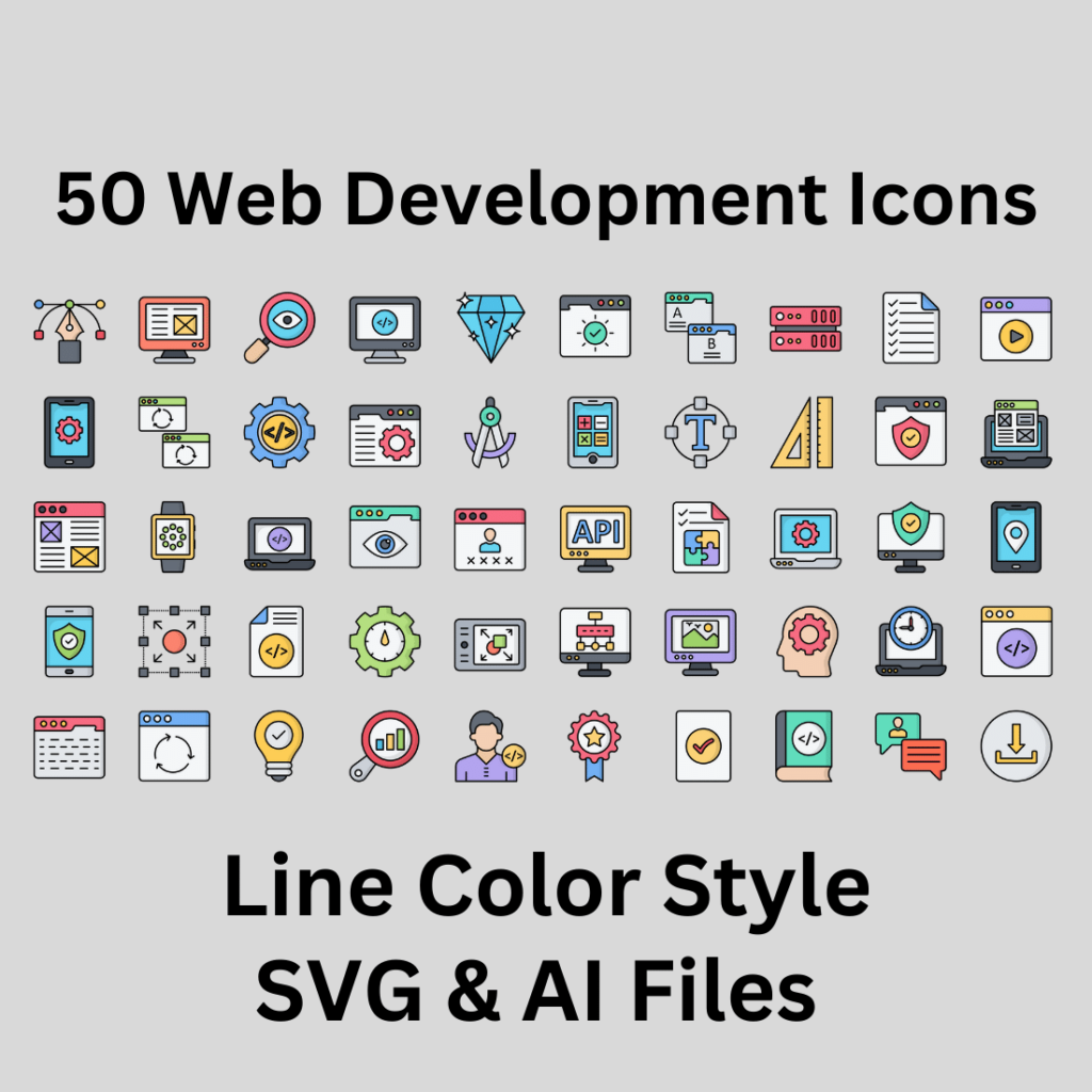 Web Development Icon Set 50 Line Color Icons - SVG And AI Files