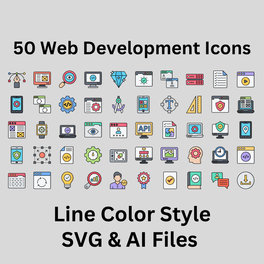 Web Development Icon Set 50 Line Color Icons - SVG And AI Files preview image.