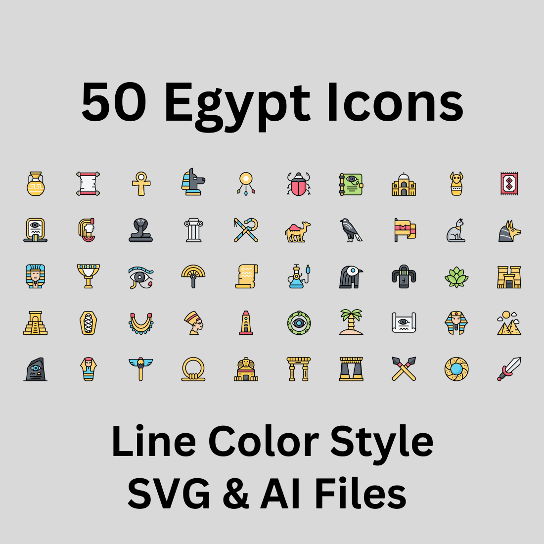 Egypt Icon Set 50 Line Color Icons - SVG And AI Files preview image.