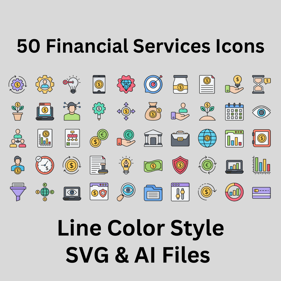 Financial Services Icon Set 50 Line Color Icons - SVG And AI Files preview image.