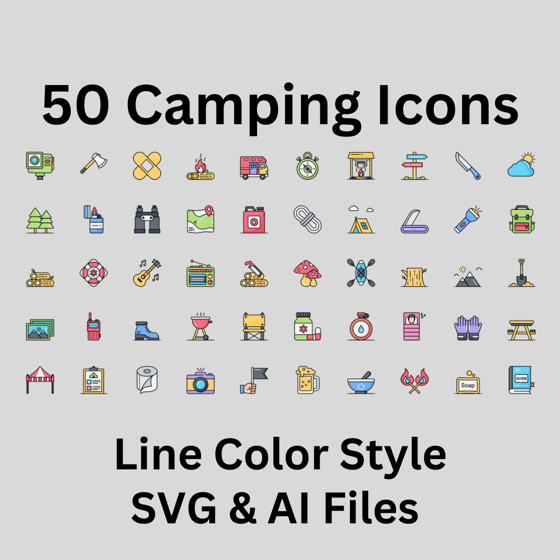 Camping Icon Set 50 Line Color Icons - SVG And AI Files preview image.