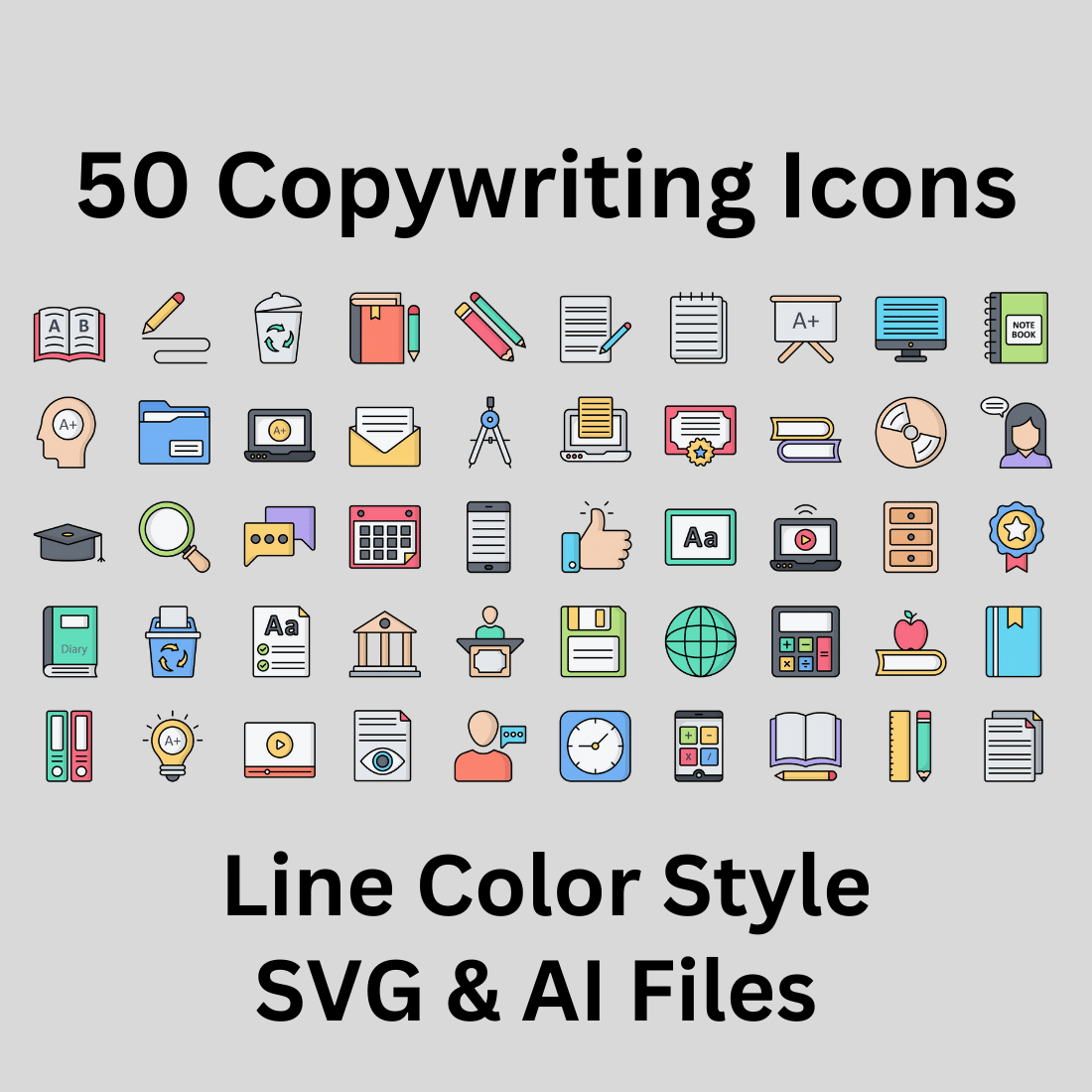 Copywriting Icon Set 50 Line Color Icons - SVG And AI Files preview image.