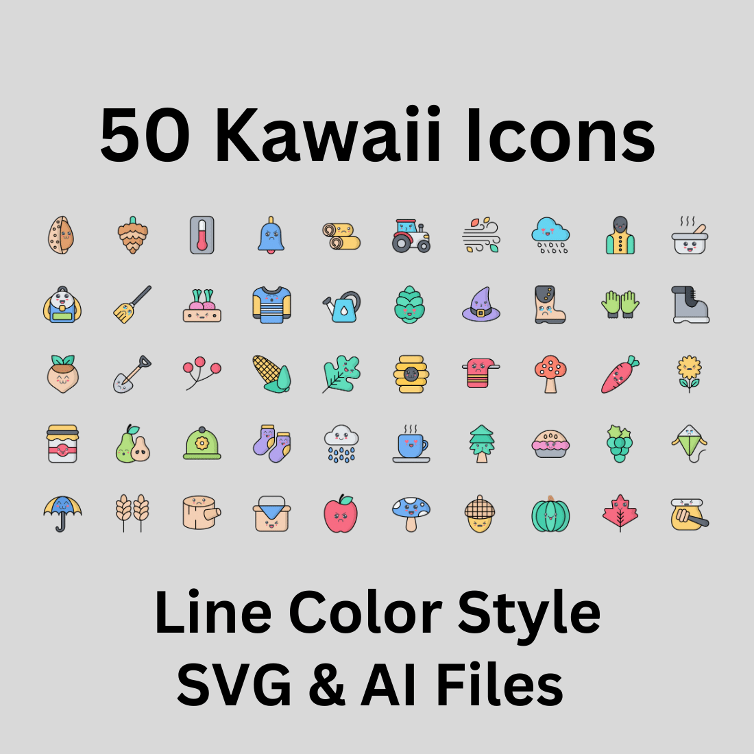 Kawaii Icon Set 50 Line Color Icons - SVG And AI Files preview image.