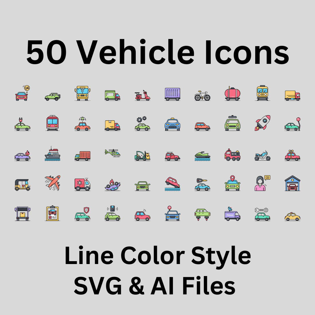 Vehicle Icon Set 50 Line Color Icons - SVG And AI Files preview image.