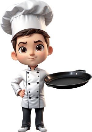 61chef is holding a skillet with anxious expression 540