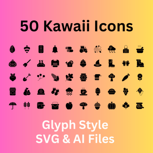 Kawaii Icon Set 50 Glyph Icons - SVG And AI Files cover image.