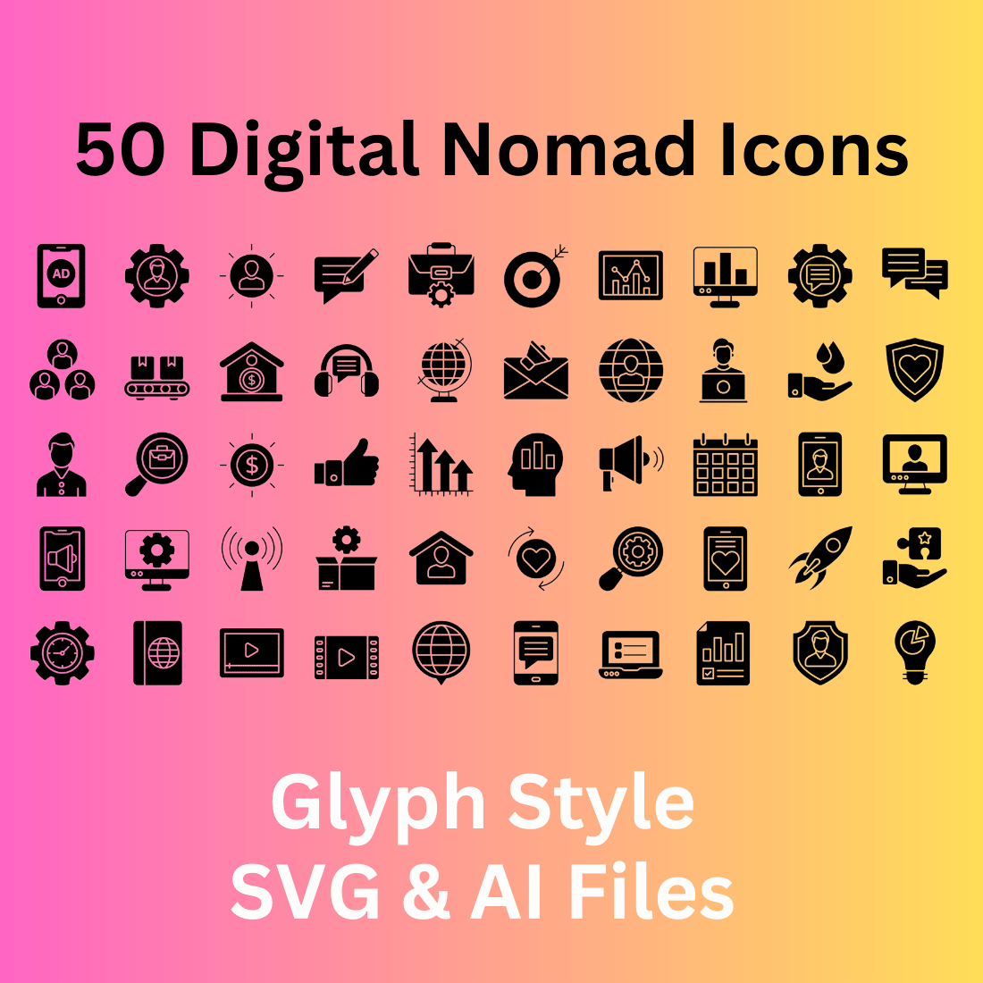 Digital Nomad Set 50 Glyph Icons - SVG And AI Files cover image.