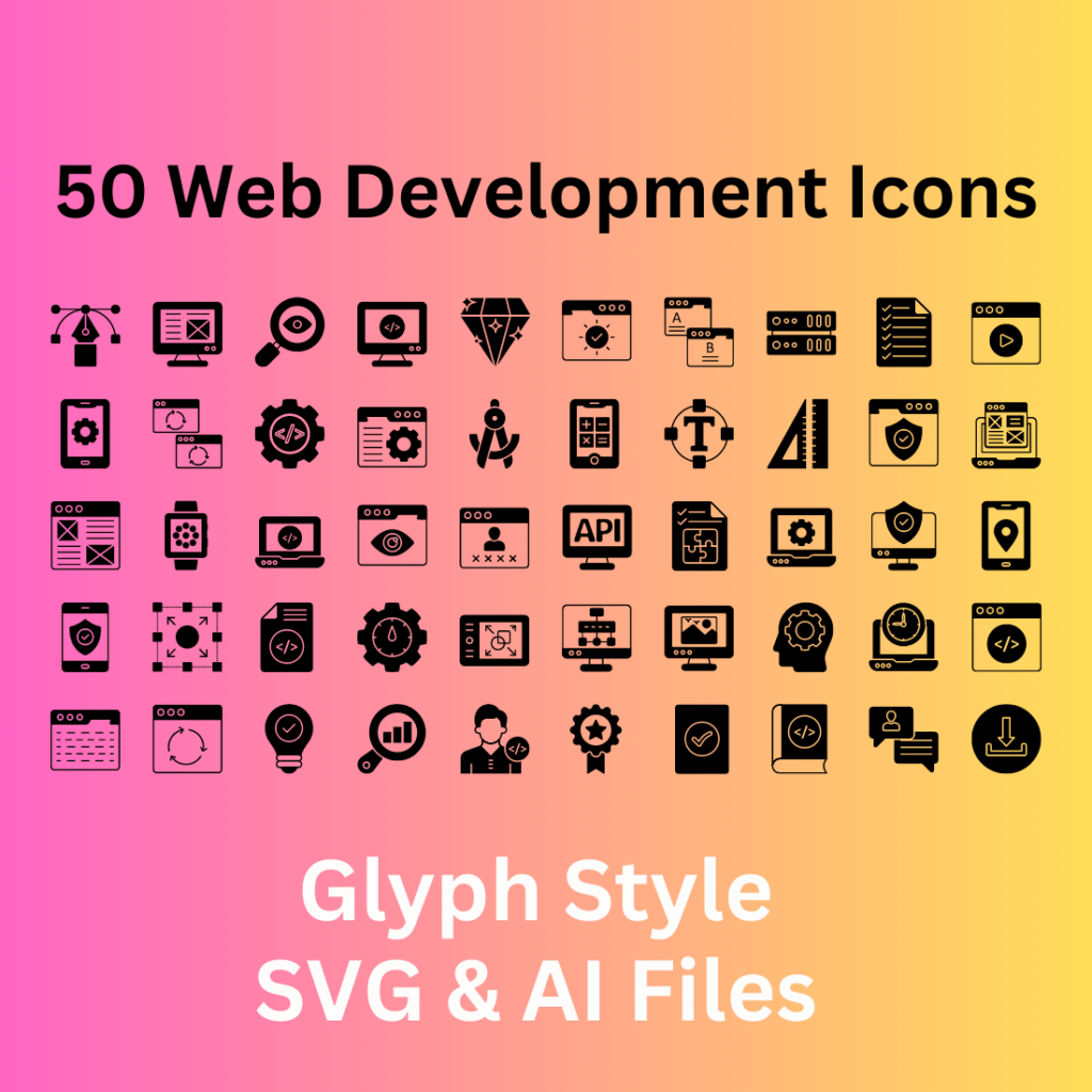 Web Development Icon Set 50 Glyph Icons - SVG And AI Files - MasterBundles