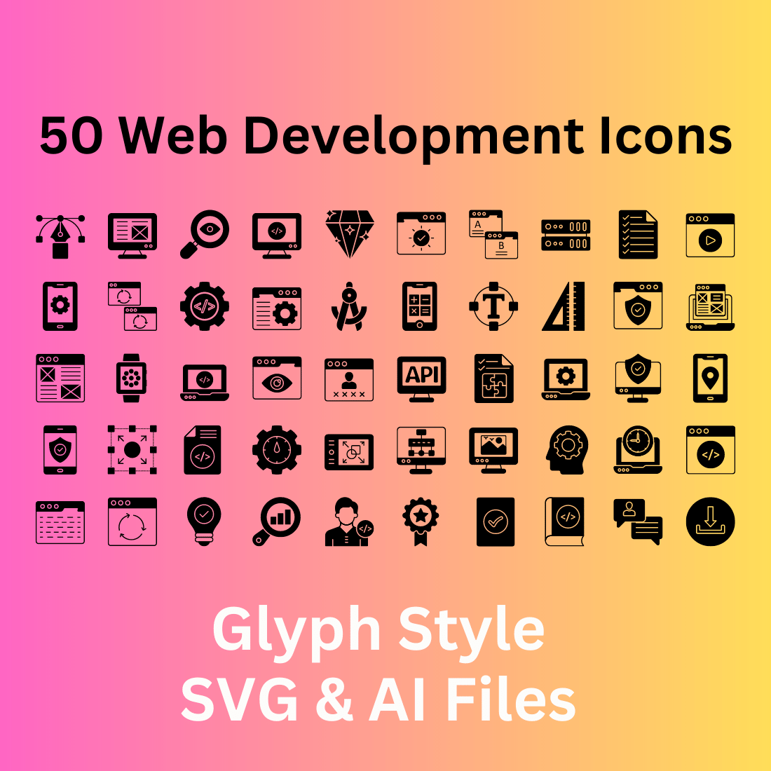 Web Development Icon Set 50 Glyph Icons - SVG And AI Files cover image.