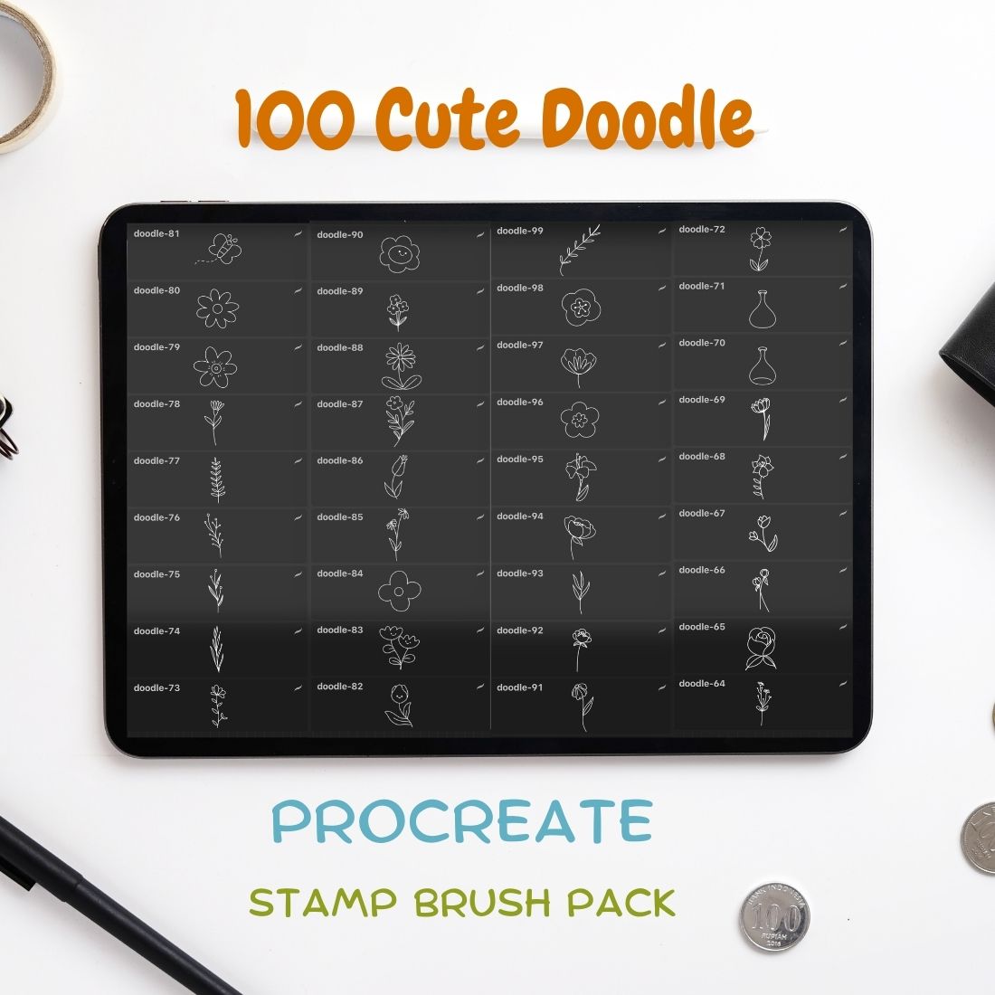 100 Cute Doodle Stamps Procreate - MasterBundles