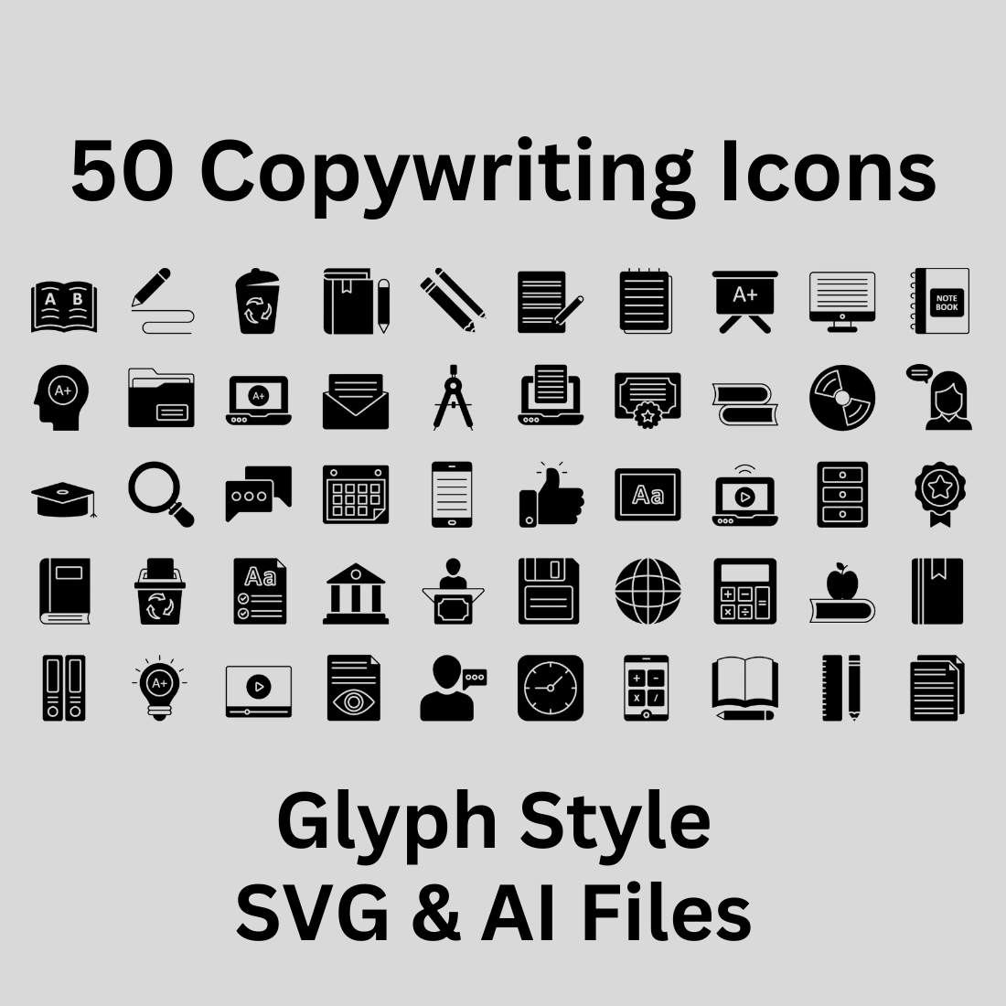 Copywriting Icon Set 50 Glyph Icons - SVG And AI Files preview image.