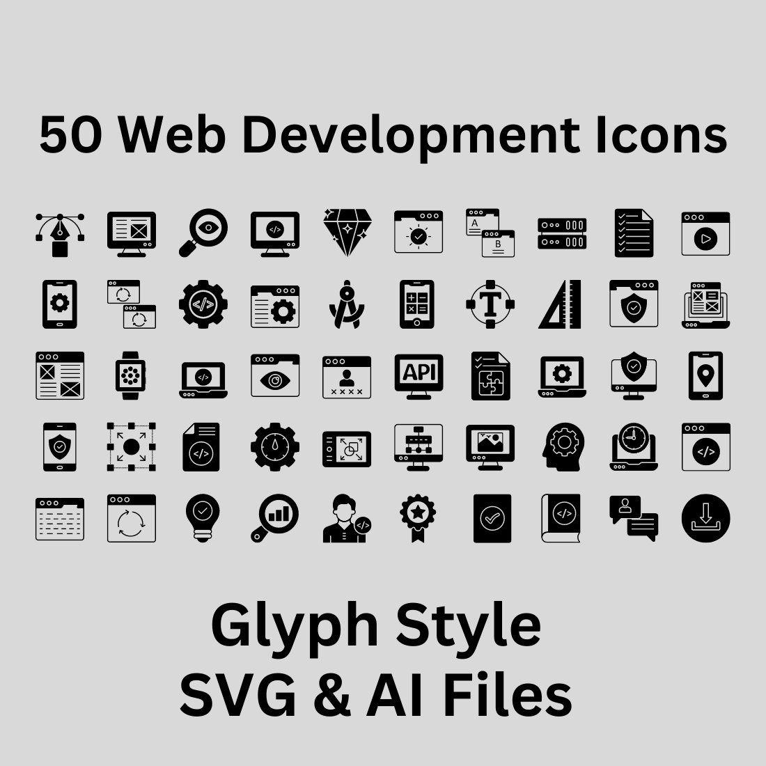 Web Development Icon Set 50 Glyph Icons - SVG And AI Files preview image.