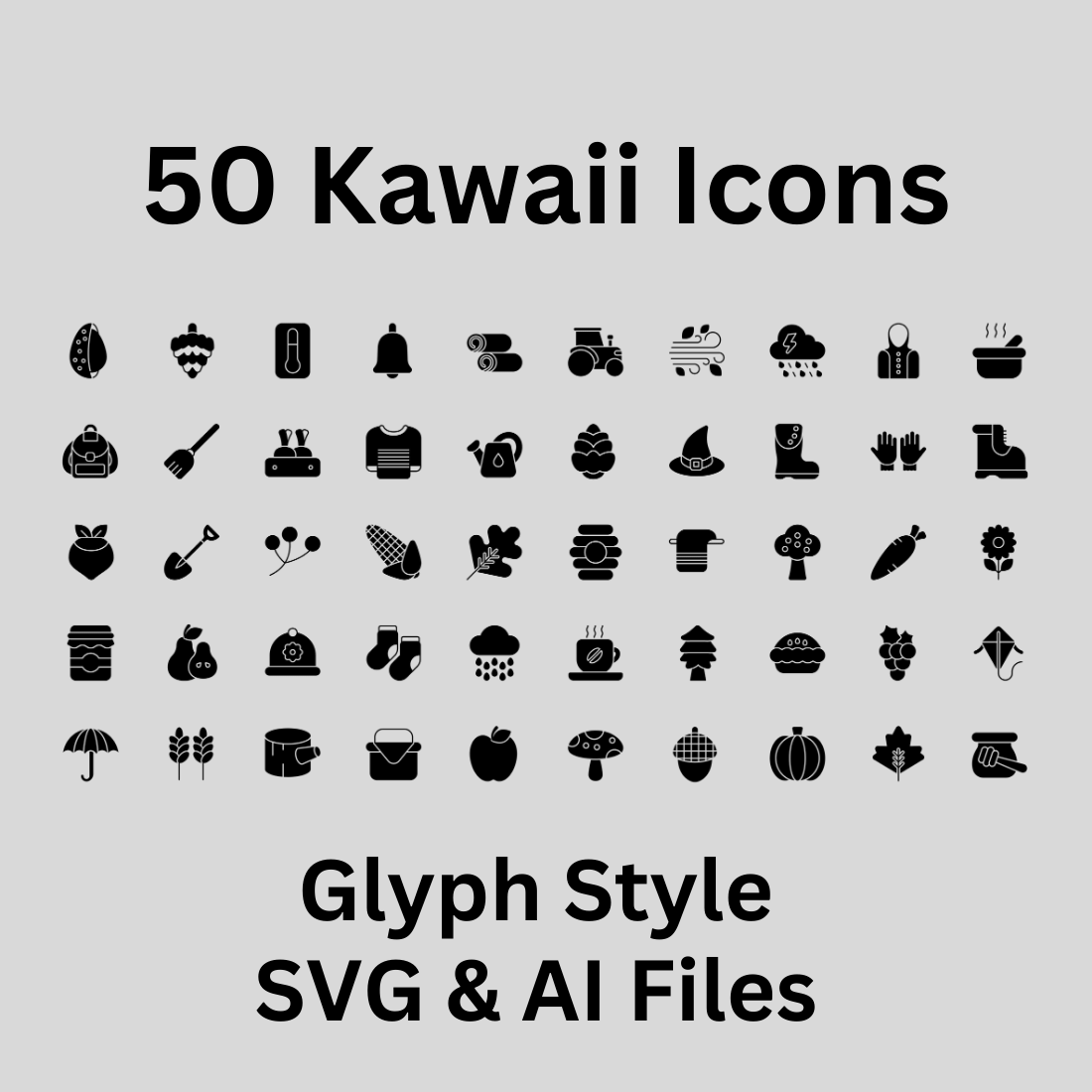 Kawaii Icon Set 50 Glyph Icons - SVG And AI Files preview image.