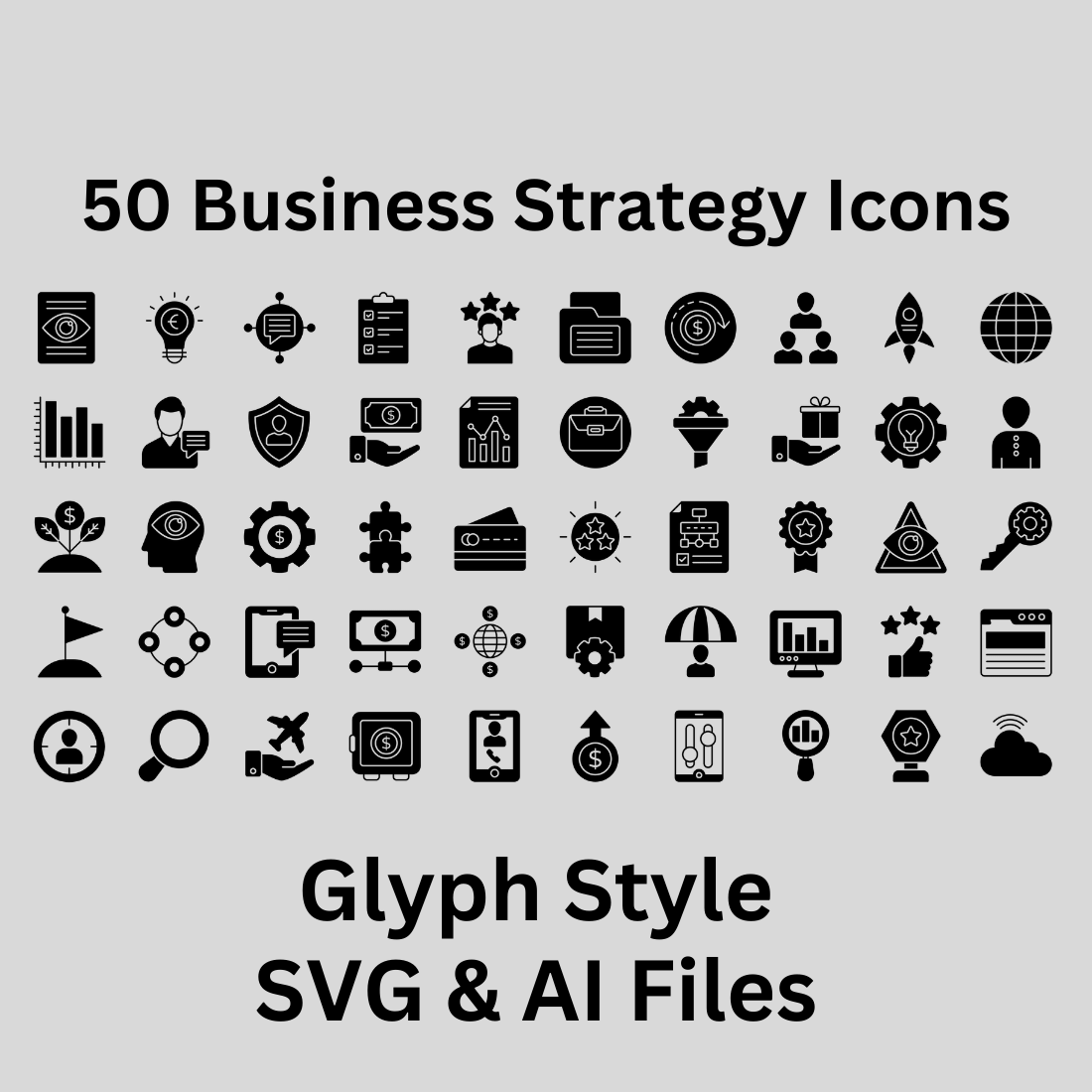 Business Strategy Icon Set 50 Glyph Icons - SVG And AI Files preview image.