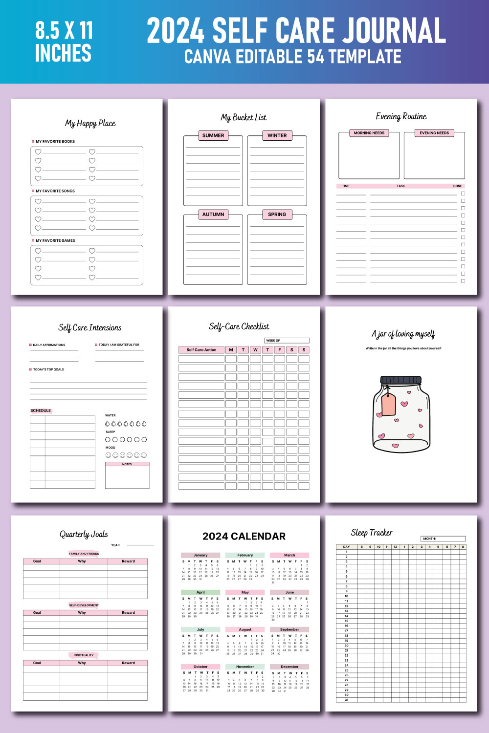 2024 Self Care Journal KDP Interiors Templates pinterest preview image.