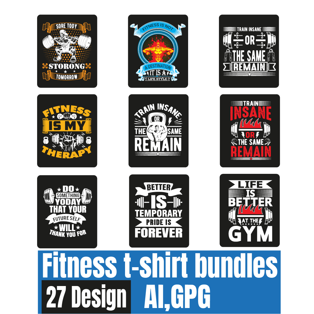 GYM/Fitness typography T-shirt design bundles preview image.