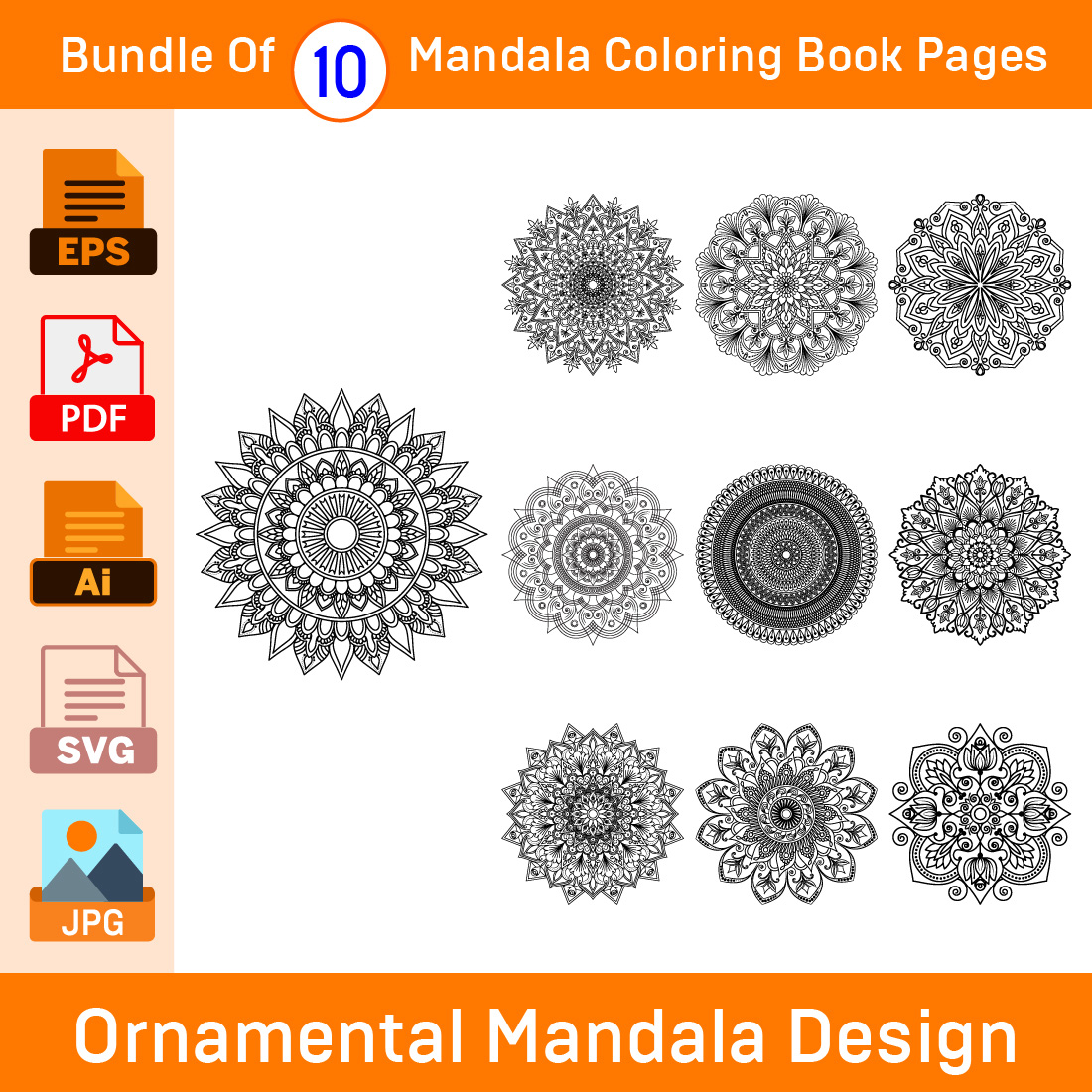 Bundle of 10 Ornamental Mandala Coloring Book Pages cover image.