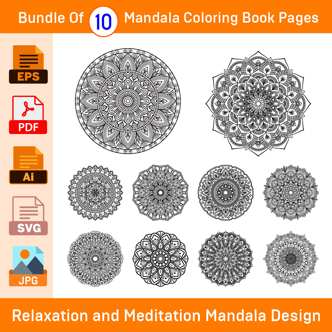 Bundle of 10 Relaxation and Meditation Mandala Coloring Book Pages cover image.