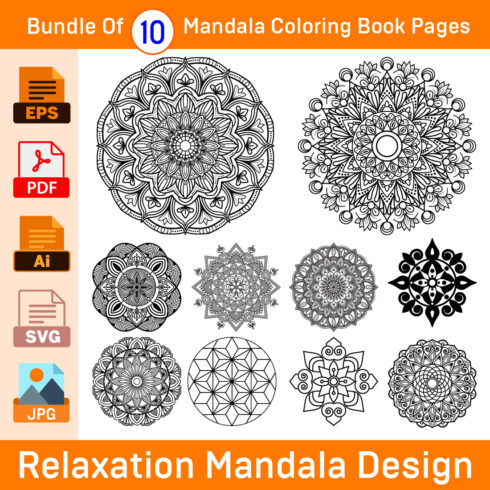 Bundle of 10 Relaxation Mandalas Coloring Book Pages cover image.