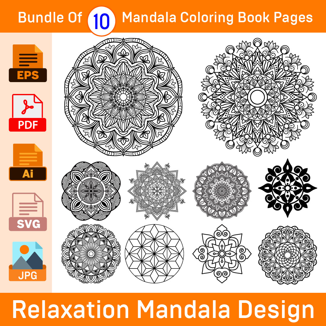 Bundle of 10 Relaxation Mandalas Coloring Book Pages cover image.