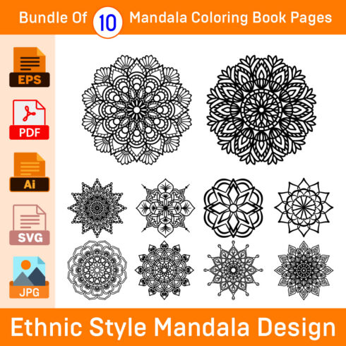 Bundle of 10 Ethnic Style Mandalas for Paper Cutting or Coloring Book Pages cover image.