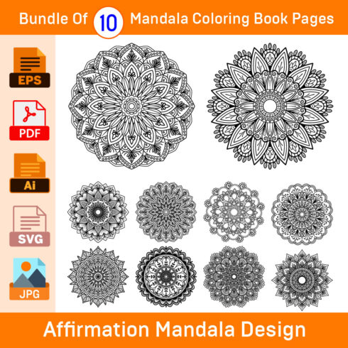 Bundle of 10 Affirmation Mandalas Coloring Book Pages cover image.