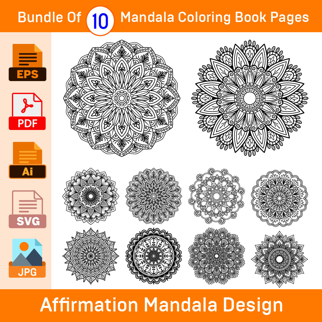 Bundle of 10 Affirmation Mandalas Coloring Book Pages cover image.