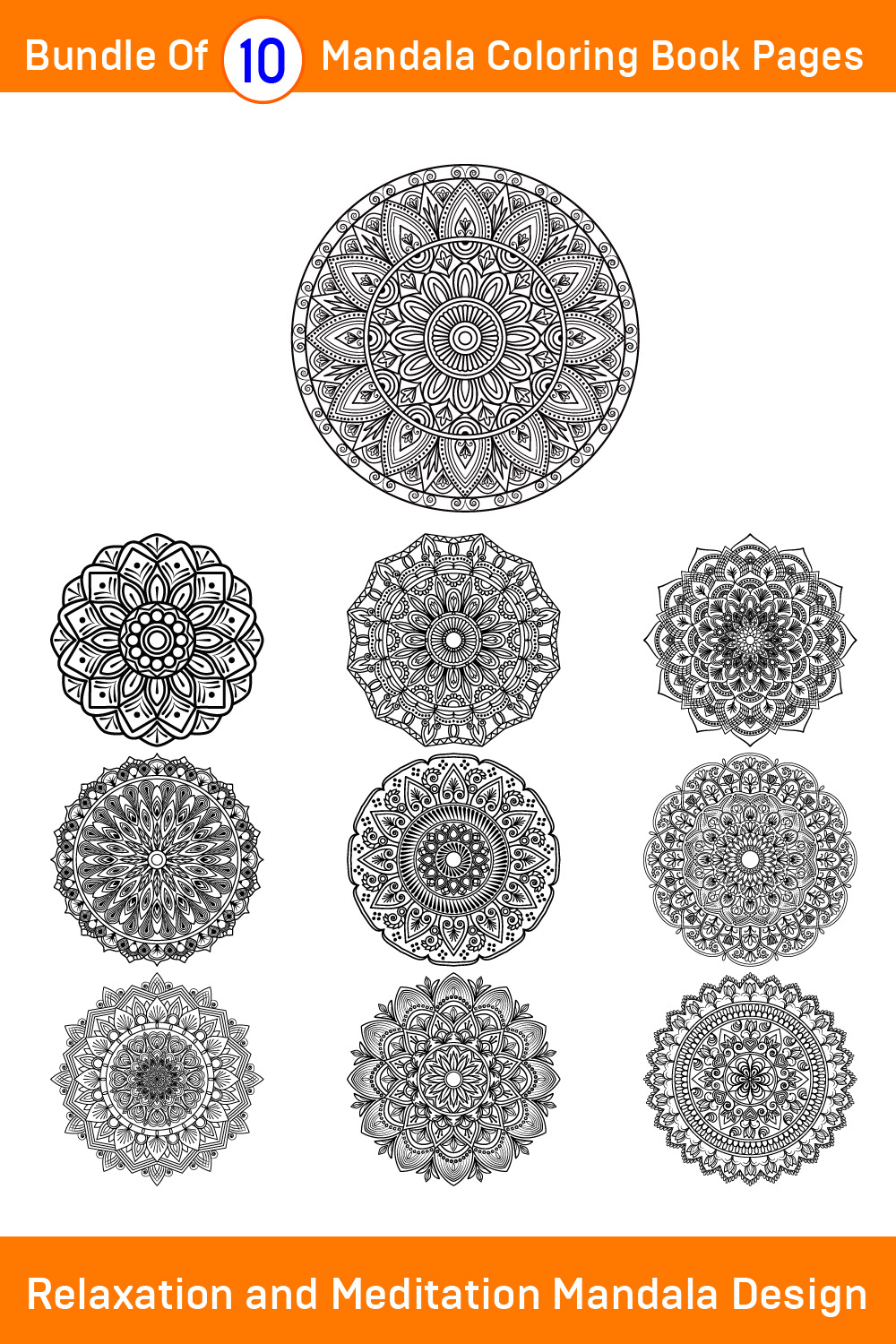 Bundle of 10 Relaxation and Meditation Mandala Coloring Book Pages pinterest preview image.